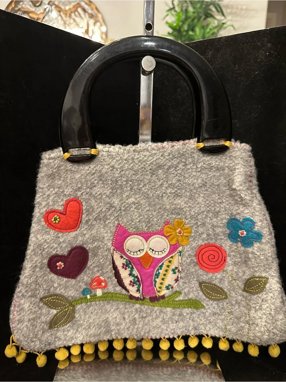 Felted Owl # 320 Applique Tote with Matching Wristlet - Yellow Accents